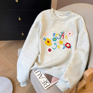小C家 花朵毛巾绣字母卫衣女款2026新款春季甜美韩系宽松圆领上衣