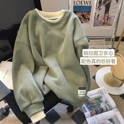 加绒宽松假两件圆领卫衣女新款春