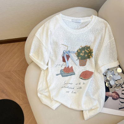 小C家设计感趣味印花时尚圆领短袖T恤女2025夏季新款直筒休闲体恤