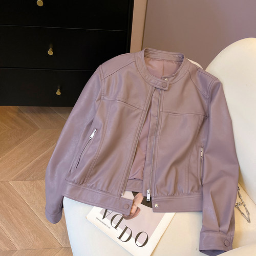 休闲短款紫色皮衣外套女2026新款