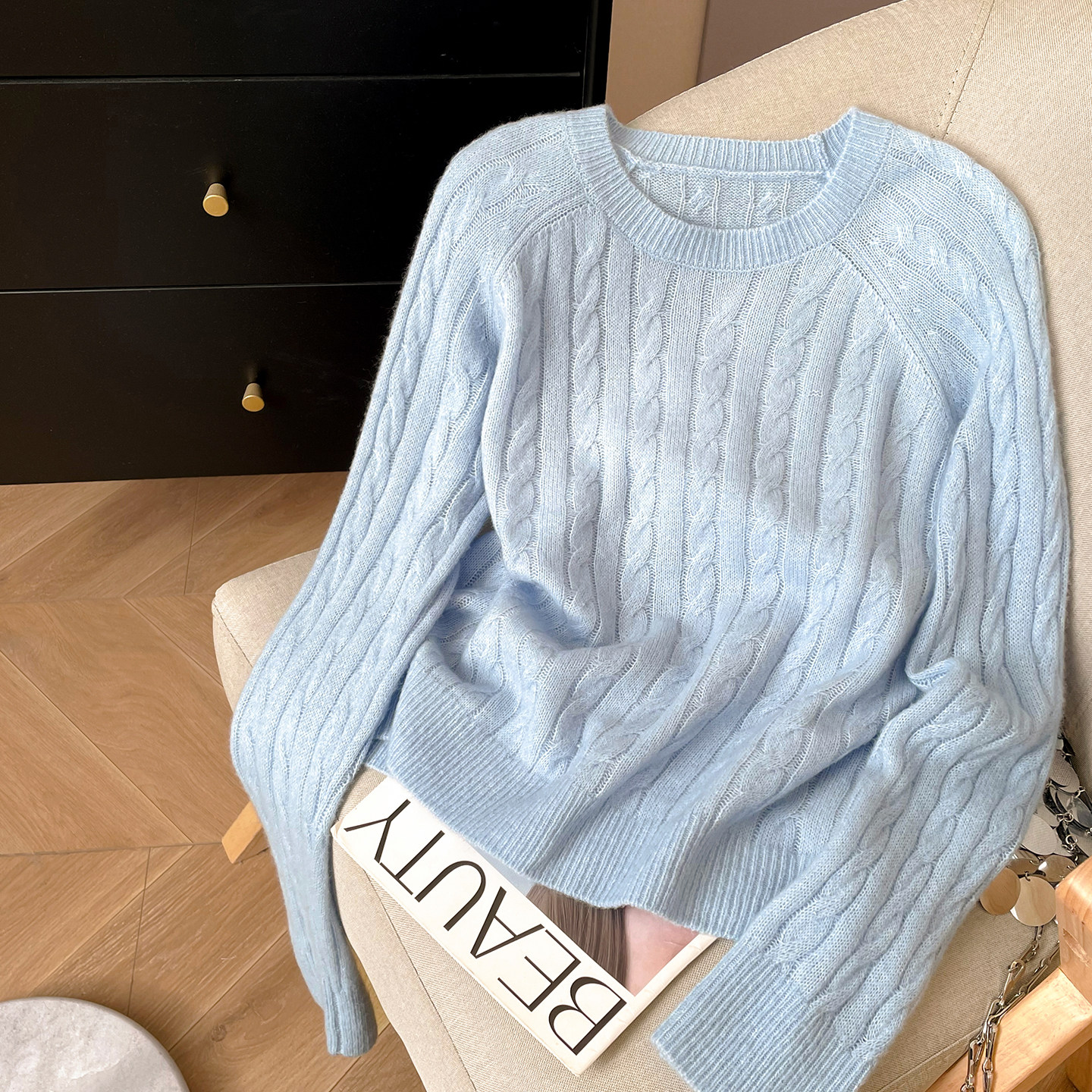 小C家 麻花毛衣女款2026新款春季可外穿内搭圆领插肩袖针织羊毛衫