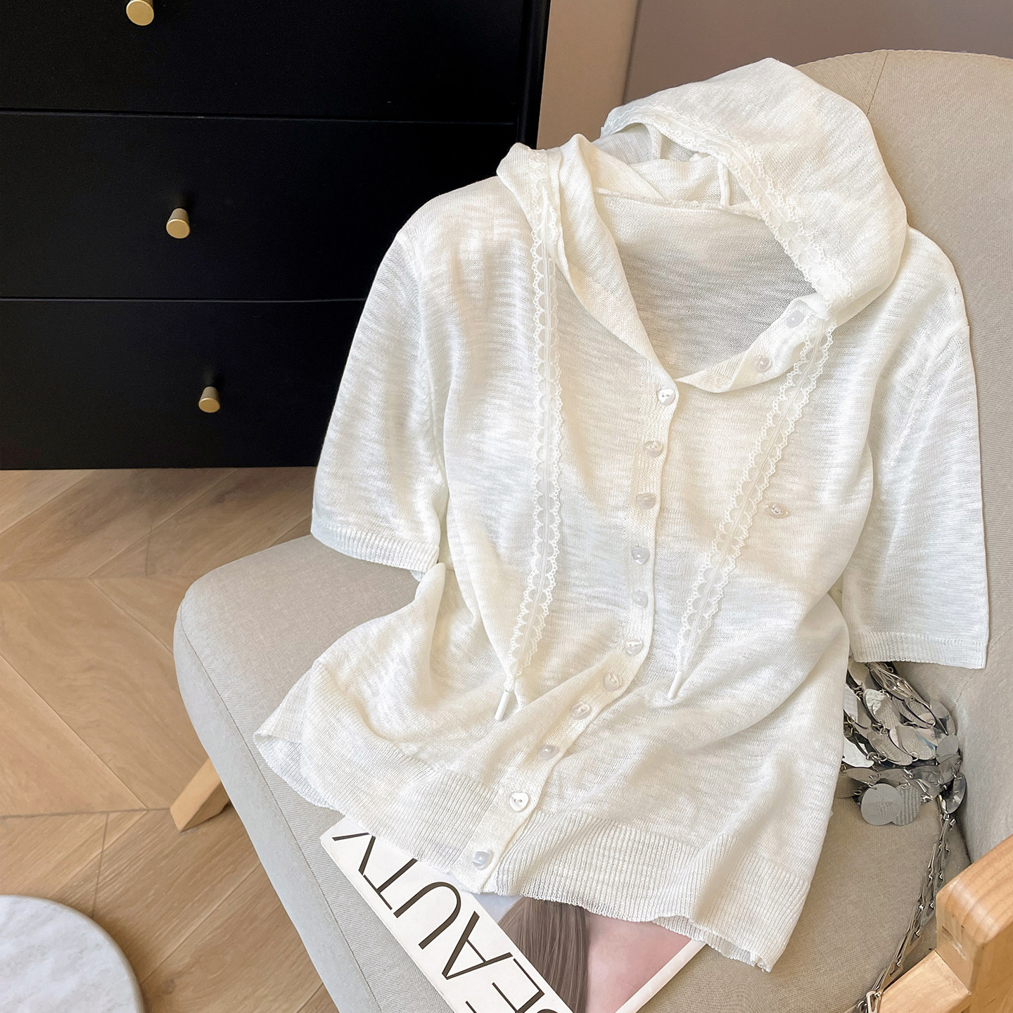 小C家 蕾丝连帽针织短袖女2026新款夏季外搭开衫薄款罩衫宽松上衣