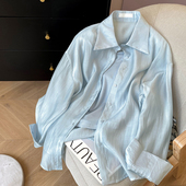 新款 小C家 女夏季 衬衫 天丝百搭吊带背心两件套 蓝色Polo领休闲长袖