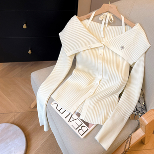 小C家 挂脖一字肩毛衣女款2025新款冬季坑条针织衫露肩设计感上衣