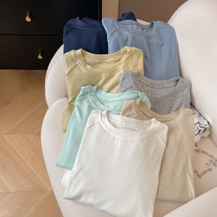 内搭打底衫 春季 休闲纯色圆领套头上衣 T恤女2026新款 小C家正肩长袖