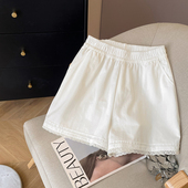 松紧高腰花边拼接白色短裤 女2025夏季 新款 小C家 宽松休闲阔腿热裤