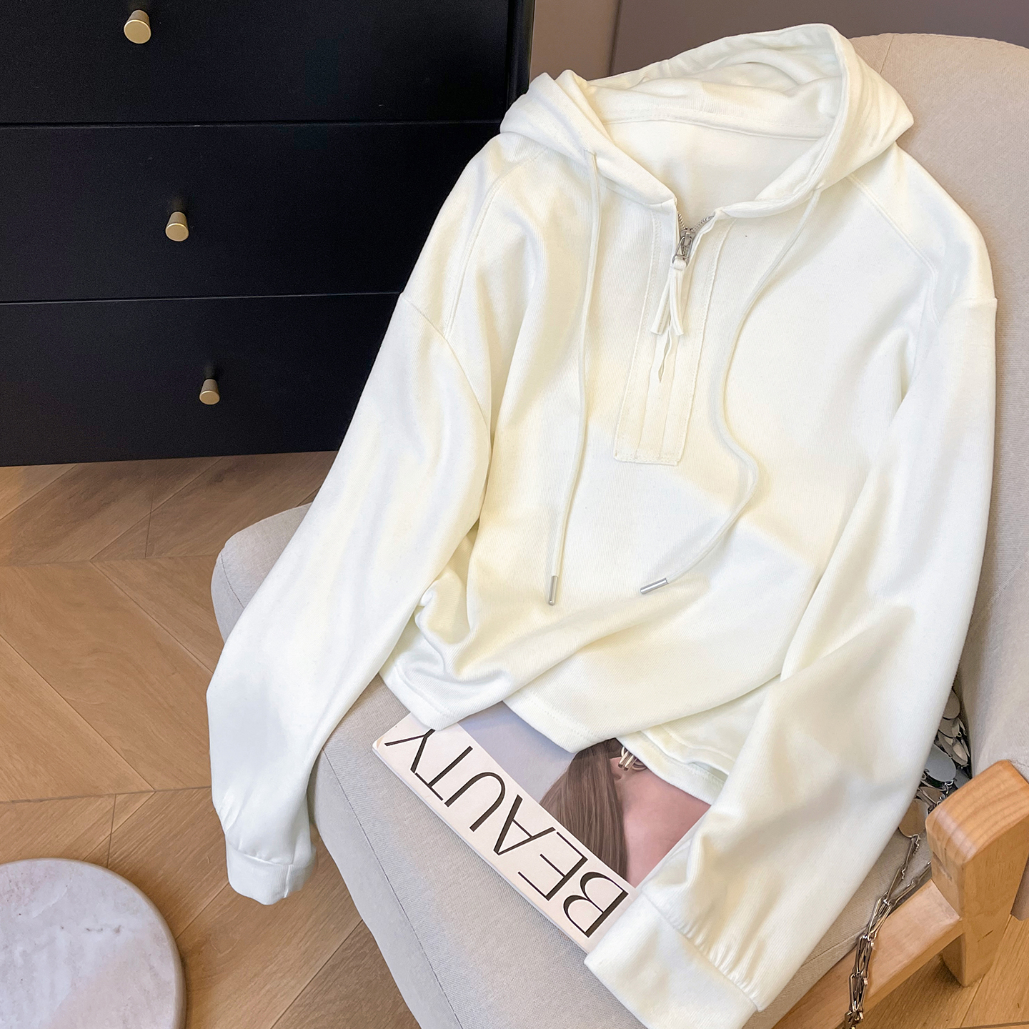 薄绒宽松休闲半拉链连帽卫衣女冬