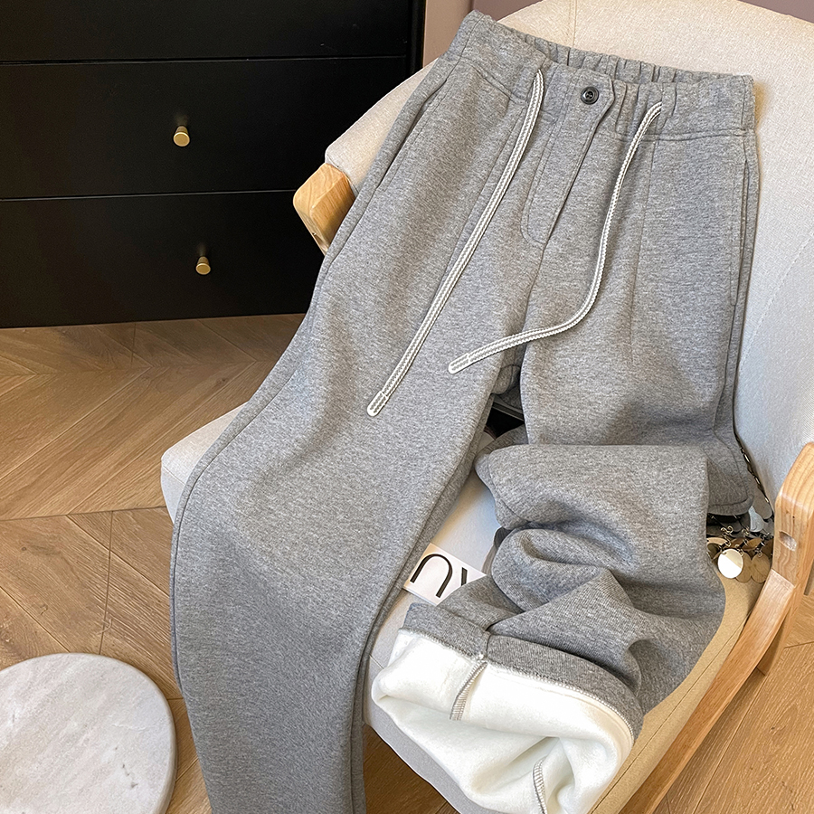 小C家 灰色抽绳松紧腰系带阔腿裤女2025年冬季加绒垂感百搭直筒裤