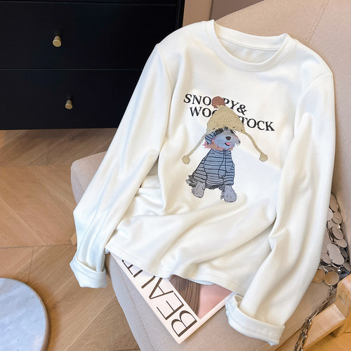 加绒磨毛打底衫女卡通印花长袖T