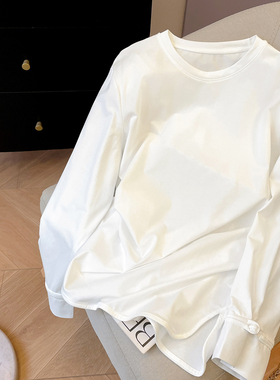 小C家 白色长袖T恤女2026新款春宽松慵懒松弛感遮屁股中长款上衣