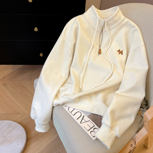 小C家 半拉链立领卫衣女款2026新款春季休闲宽松小狗刺绣套头上衣