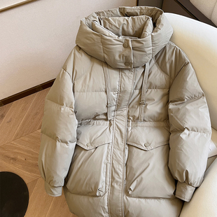 小C家 卡其色中长款连帽抽绳羽绒服女冬季新款白鸭绒加厚保暖外套