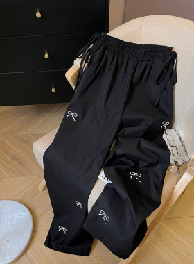 小C家 蝴蝶结刺绣休闲裤女2026新款春季设计感小众黑色高腰阔腿裤