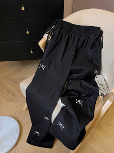 小C家 趣味蝴蝶结刺绣休闲裤 女2025夏季 设计感小众黑色高腰阔腿裤