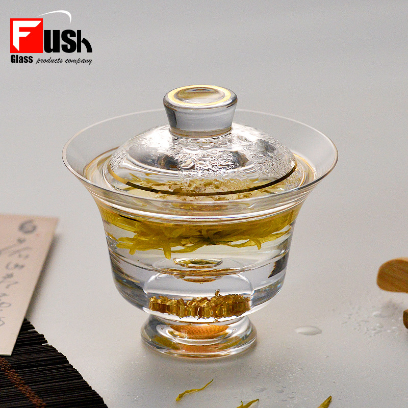 高檔水晶玻璃金山花茶杯手工蓋碗