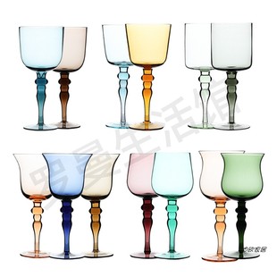 轻奢绿色高脚杯中古水晶玻璃杯复古家用餐厅橘色红酒杯高端品酒杯