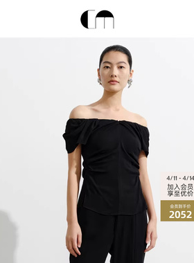 COMME MOI吕燕设计师春夏女装优雅性感泡泡袖v领褶皱收腰显瘦上衣