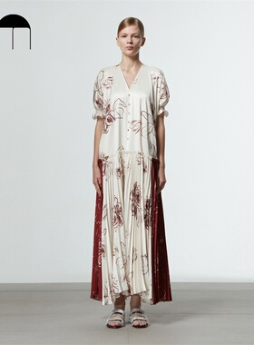 COMME MOI吕燕设计师早春新中式复古印花压褶灯笼袖宽松V领连衣裙