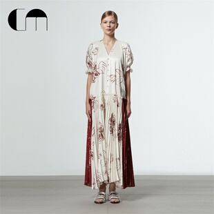 COMME MOI吕燕设计师早春新中式复古印花压褶灯笼袖宽松V领连衣裙