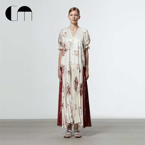 COMMEMOI印花压褶灯笼袖连衣裙