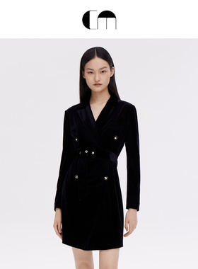 COMME MOI吕燕设计师女装简洁优雅静奢风黑色丝绒鎏金西装连衣裙