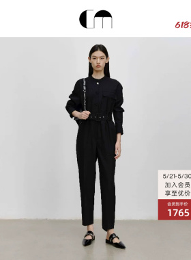 COMME MOI吕燕设计师夏季女装羊毛混纺长袖小立领黑色连体裤