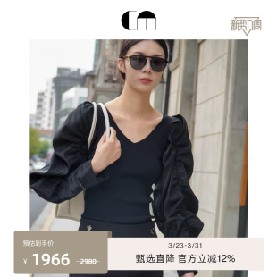 修身 针梭拼接V领泡泡袖 上衣 MOI吕燕设计师早春女装 COMME