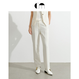 COMMEMOI吕燕设计师早春女装链条装饰白色羊毛混纺锥形显瘦休闲裤