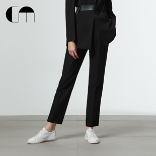 COMME MOI吕燕设计师春夏皮革缎面拼接羊毛锥形裤 秀场同款