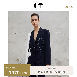 [胡可同款]COMMEMOI吕燕设计师早春V领显瘦拼接设计感西装外套女