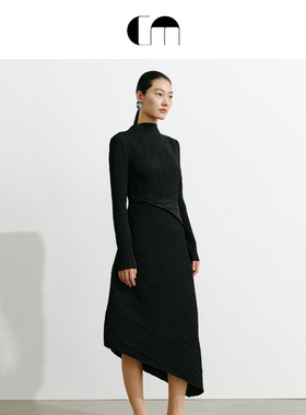COMME MOI吕燕设计师早春女装立领压褶修身百搭设计感礼服连衣裙