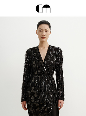 COMME MOI吕燕设计师早春女装时尚系带流苏珠片拼接西装
