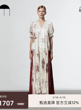 COMME MOI吕燕设计师早春新中式复古印花压褶灯笼袖宽松V领连衣裙