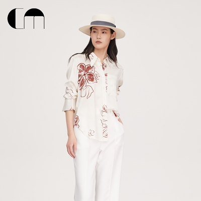 COMMEMOI印花醋酸长袖衬衫上衣