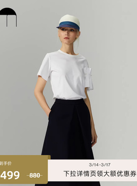 COMME MOI吕燕设计师早春花边装饰正肩丝光棉短袖T恤上衣女