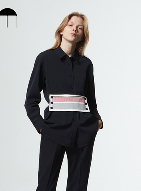 [吕燕同款]COMME MOI设计师早春藏青色可拆卸针织片直身衬衫上衣