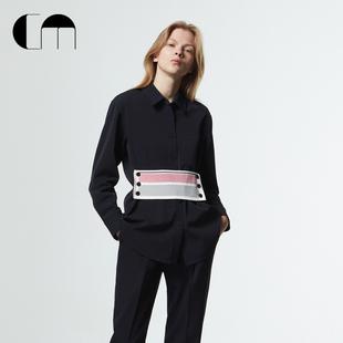 [吕燕同款]COMME MOI设计师早春藏青色可拆卸针织片直身衬衫上衣