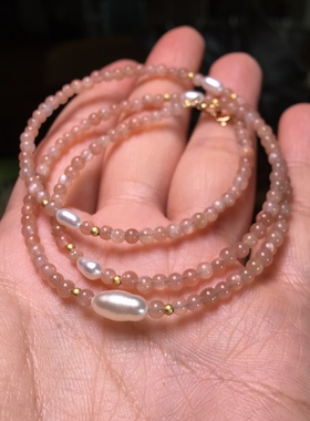 天然太阳石橙月光项链吊坠挂绳配绳淡水珍珠14K包金S925银配件