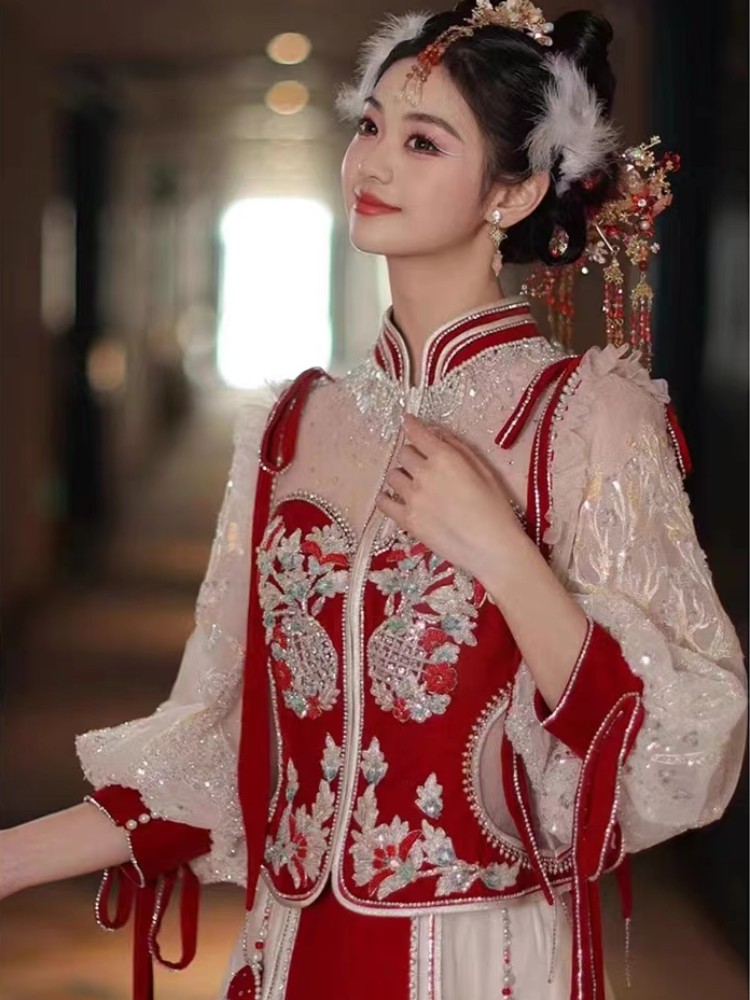 新款秀禾服2023夏季新娘结婚喜服红色高级复古龙凤褂中式长袖礼服