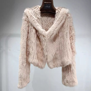 秋冬出口日韩整皮兔毛车条纯手工双面编织皮草短连帽外套年轻款特