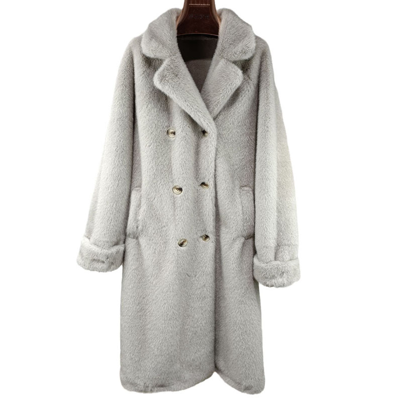 银兰貂中长款过膝皮草外套双排扣