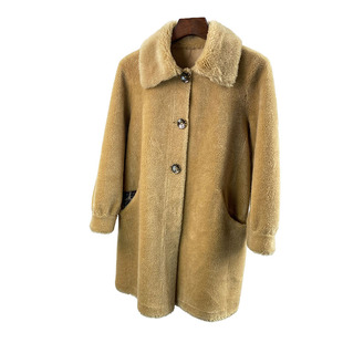 高端简约翻领羊羔毛外套女中长款羊剪绒大衣皮毛一体皮草小码修身