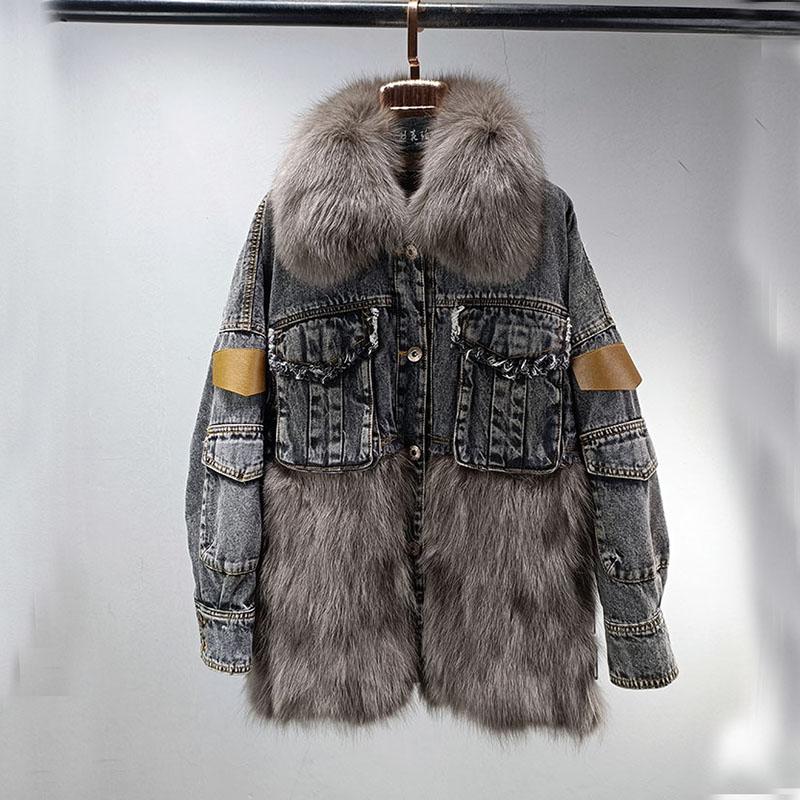 貉子毛牛仔皮草拼接羽绒服女新外套狐狸毛领年轻款大衣小个子减龄