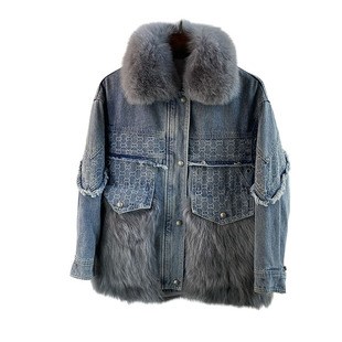 秋冬季新款狐狸大毛领牛仔派克服鸭绒羽绒服貉子毛短款女皮草外套