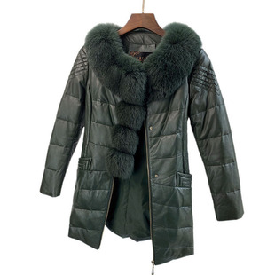 海宁真皮衣绵羊皮羽绒服女中长款冬狐狸毛领修身皮草大衣显瘦 V99