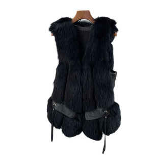 断码清仓!出口日韩整皮狐狸毛车条皮草外套配毛线短款马甲夹背心