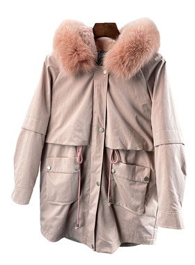 整皮兔毛皮毛一体内胆派克服女狐狸毛领连帽中长款皮草大衣特k174