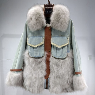 狐狸毛领牛仔派克白鸭羽绒服女冬装新款派克服配貉子毛皮草外套特