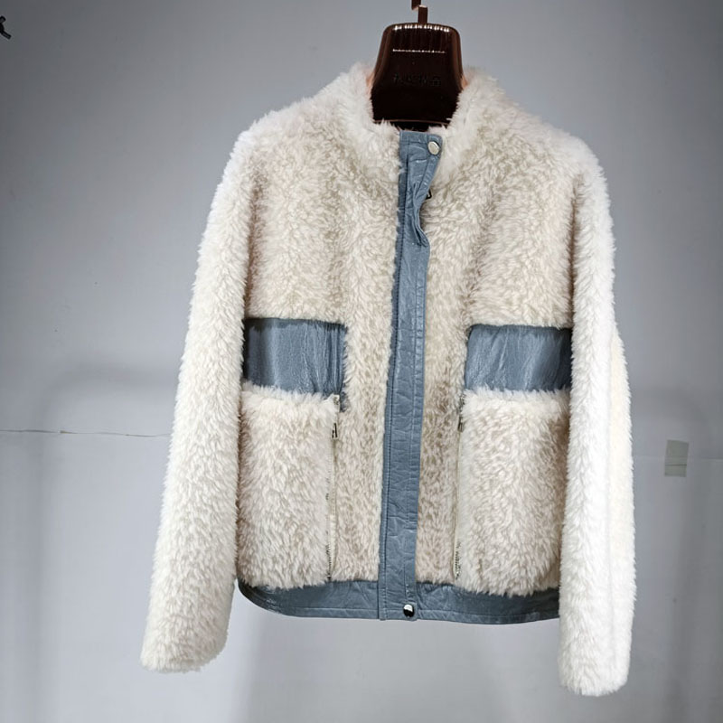 颗粒羊剪绒短款皮草外套女立领