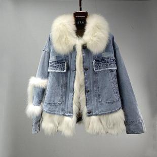 网红狐狸毛领鹅绒牛仔羽绒服皮草派克外套女名媛风短款2025冬新特